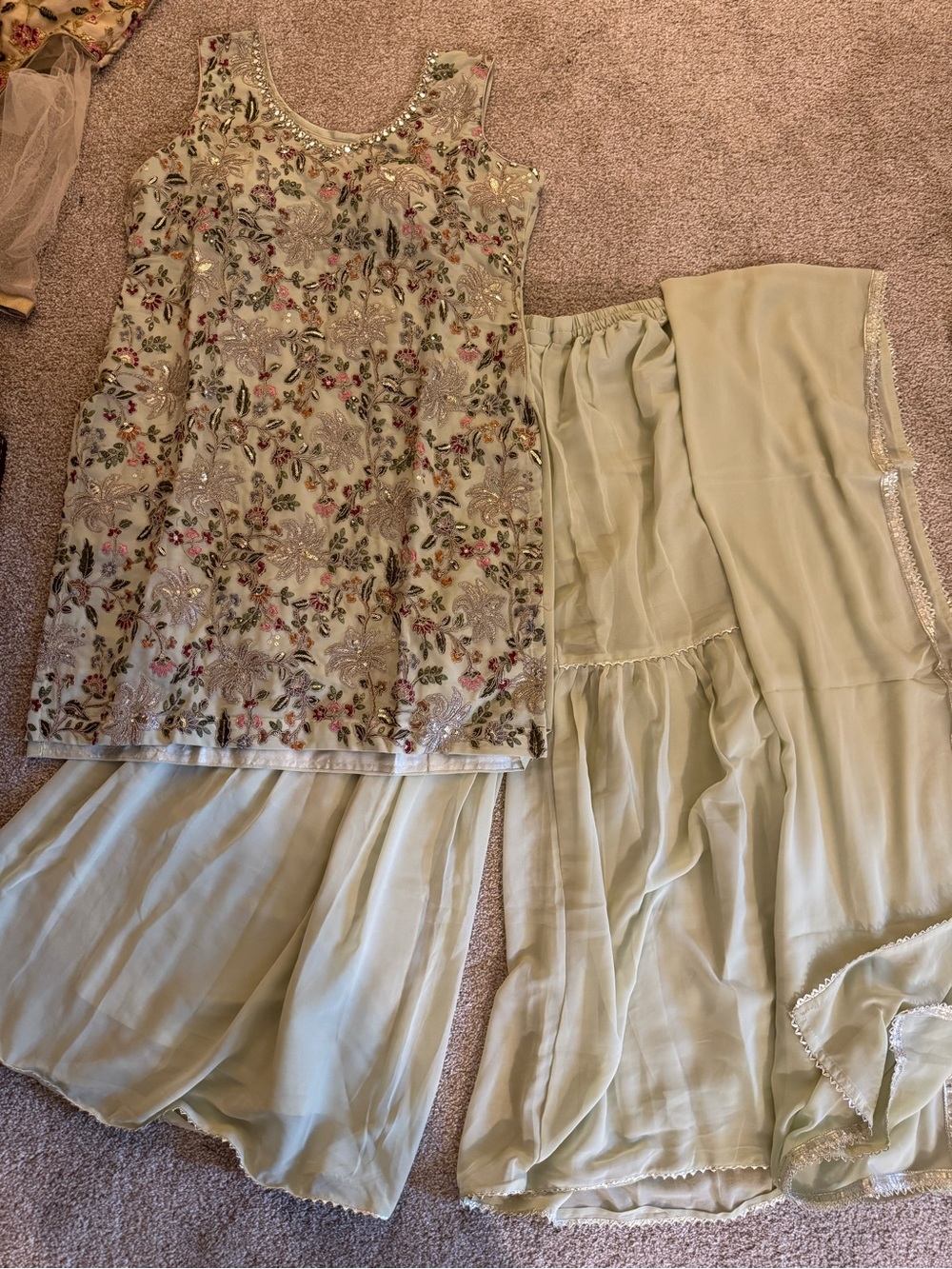 Embellished Light Sage Floral Embroidered Set